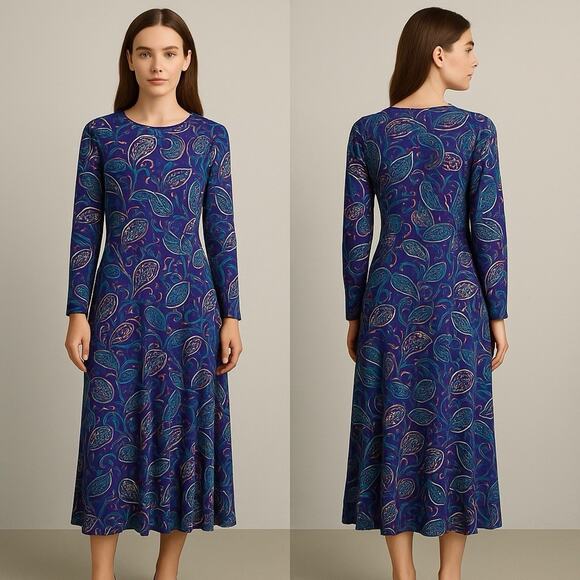 VTG Liz Claiborne Paisley LongSleeve Midi Dress Sz 8 BluePurpleTeal Fit & Flare - Picture 1 of 8